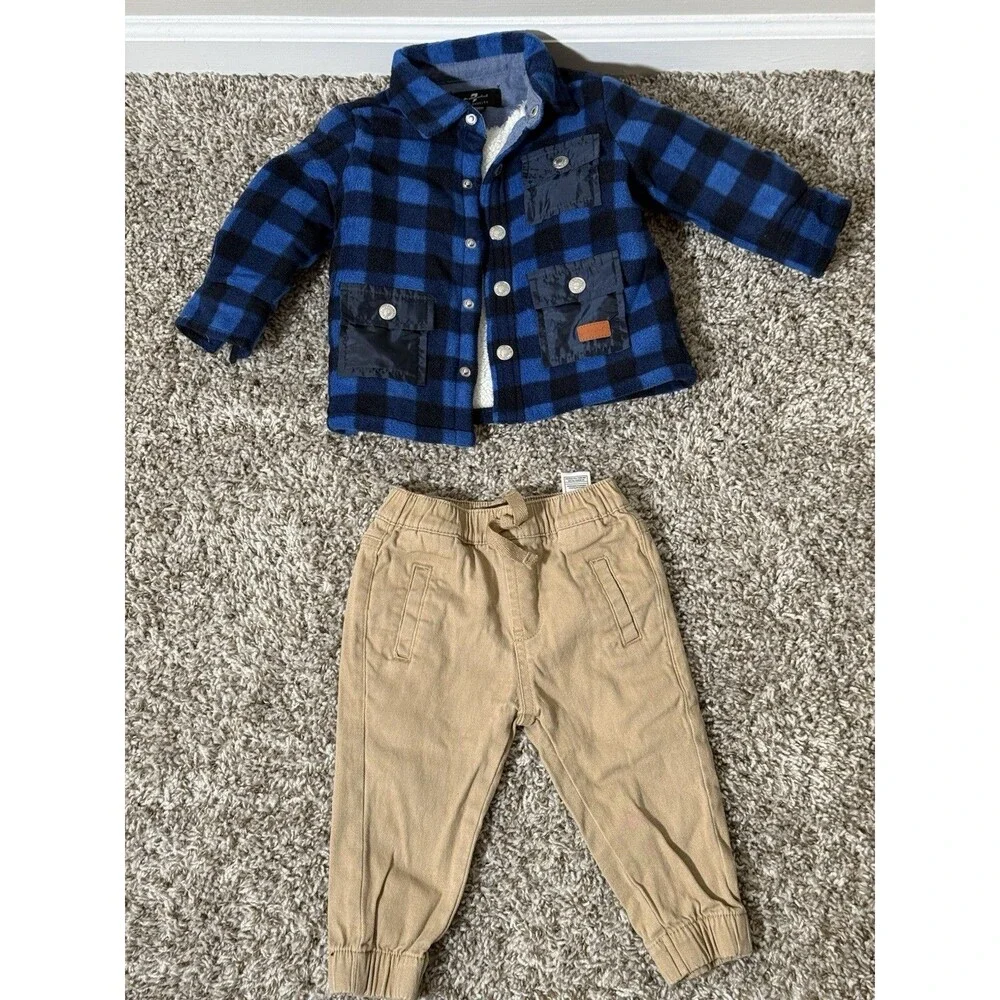 7 For All Mankind Toddler Boys 12M Blue Plaid Jacket Jogger Set7 For All Mankind
